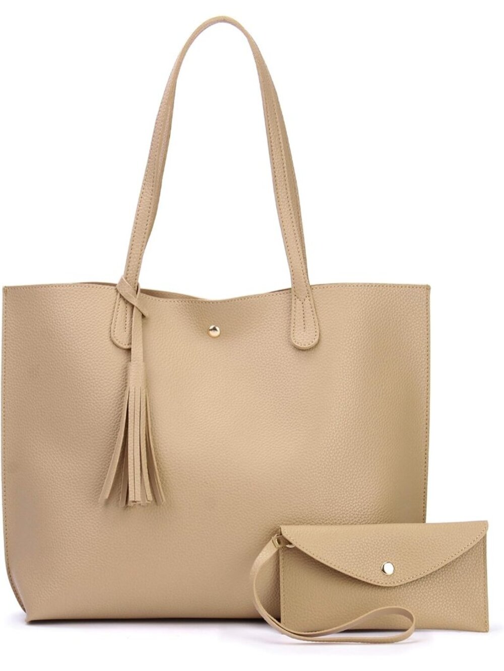 Women's Beige Faux Leather Minimalist Clean Cut Pebbled Shoulder Tote Bags